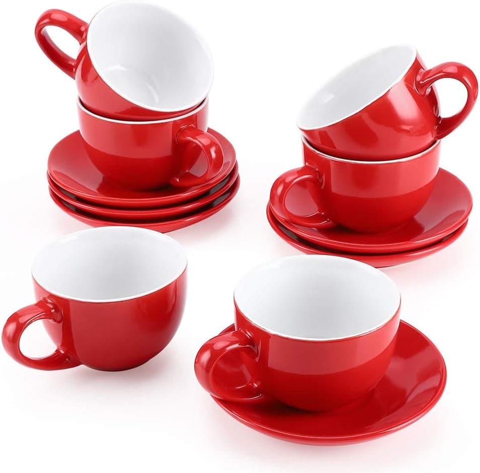8.5oz Tea Cup and Saucer Set of 6, porcelain coffee mugs for Cappuccino, Latte, Americano, Classic Simple Design with Gift Box (Red)