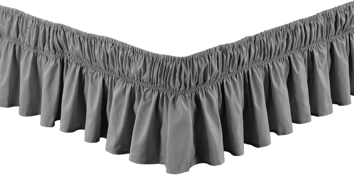 Wrap Around 17" inch Fall Grey Ruffled Elastic Solid Bed Skirt Fits All Queen, King and Cal King Size Bedding High Thread Count Microfiber Dust Ruffle, Silky Soft & Wrinkle Free.