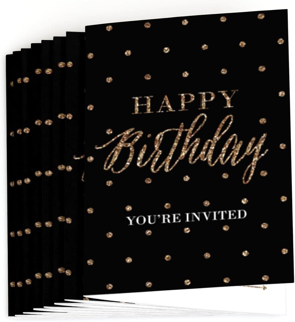 Big Dot of Happiness Chic Happy Birthday - Black and Gold - Fill In Birthday Party Invitations (8 count)