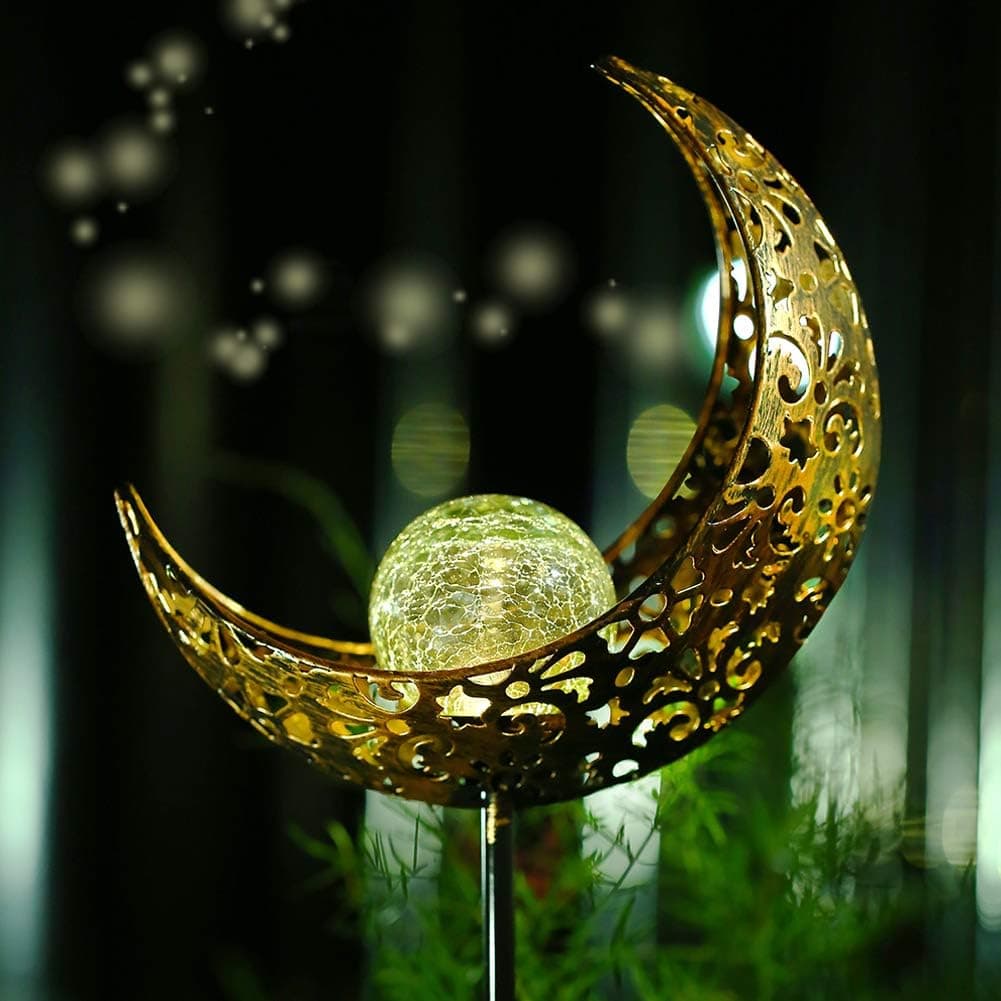 Belio Garden Solar Lights Pathway Outdoor Moon Crackle Glass Globe Stake Metal Lights,Waterproof Warm White LED for Lawn,Patio or Courtyard