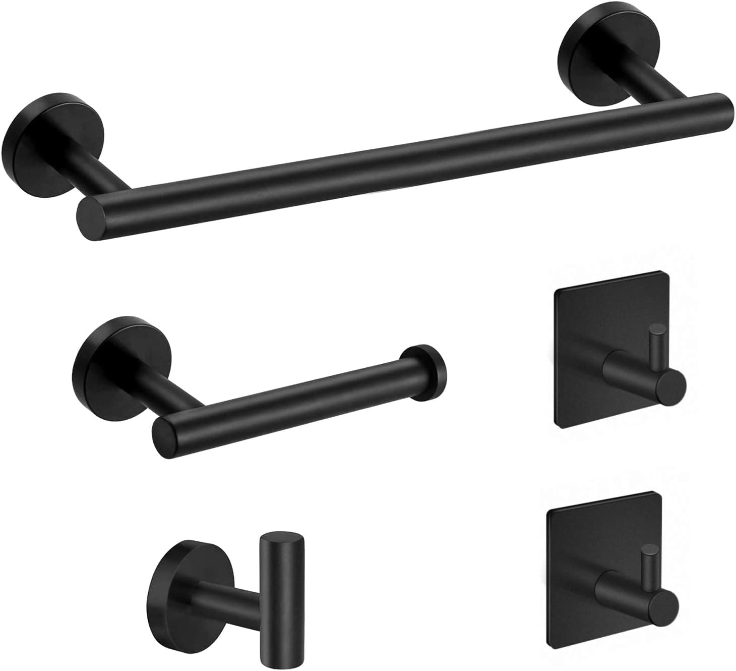 Tudoccy 5-Pieces Matte Black Bathroom Hardware Set SUS304 Stainless Steel Round Wall Mounted - Includes 24" Hand Towel Bar, Toilet Paper Holder, 3 Robe Towel Hooks, Bathroom Accessories Kit