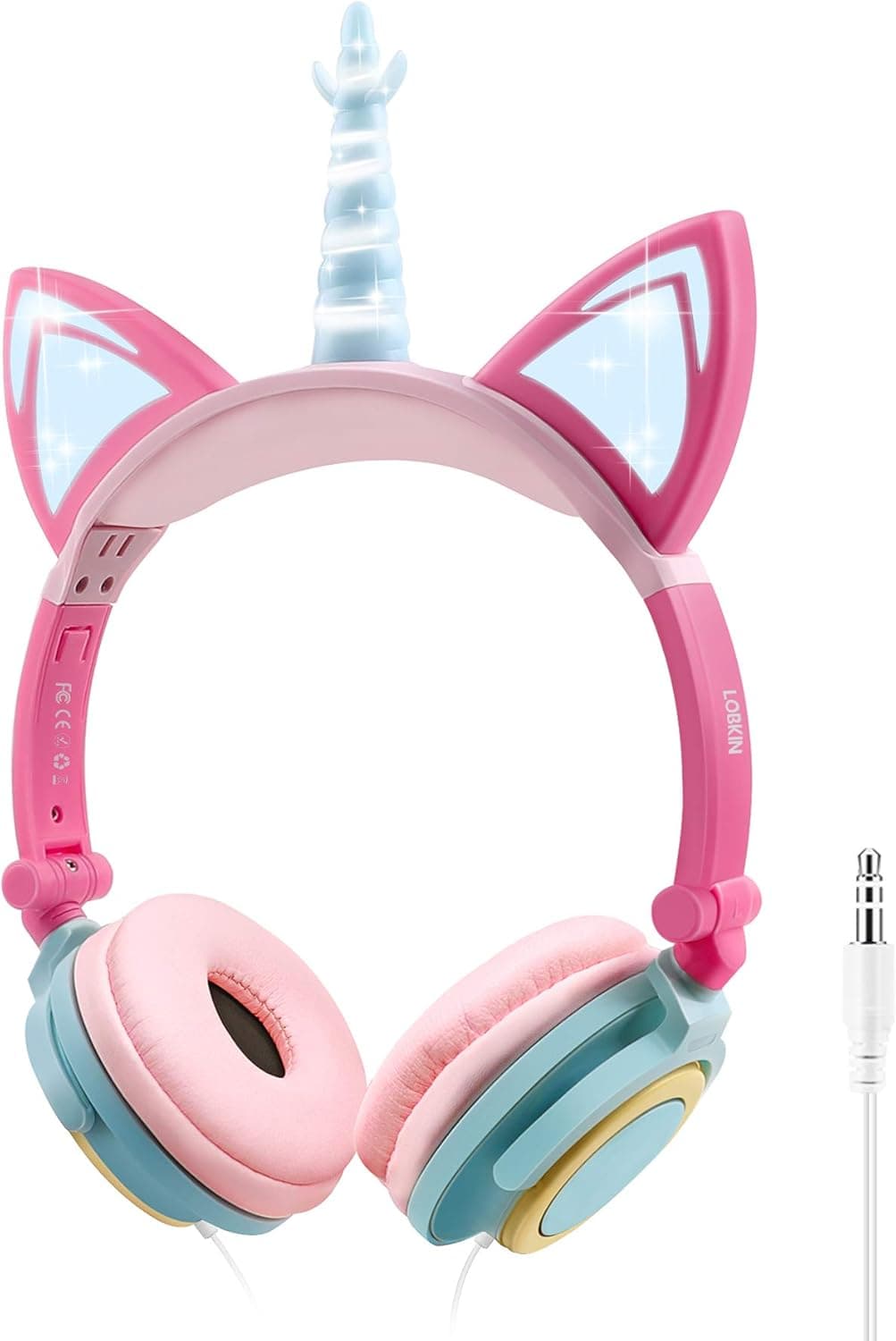 LOBKIN Unicorn Kids Cat Ear Headphones LED Light Up Earphone Wired Adjustable for Boys Girls Back to School Supplies (Multicolor)
