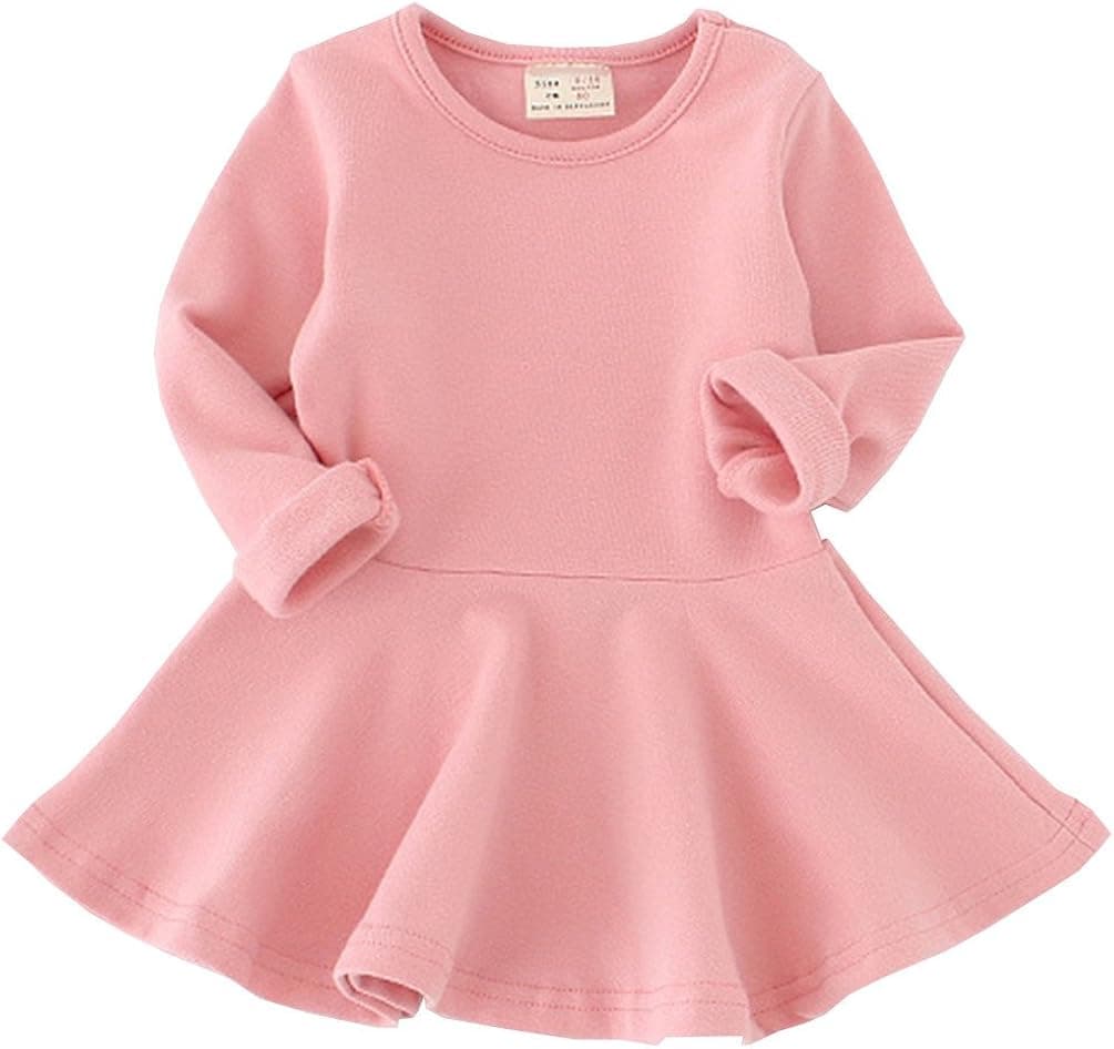 Csbks Toddler Baby Girls Long Sleeve Cotton Dress Solid Ruffle Tops