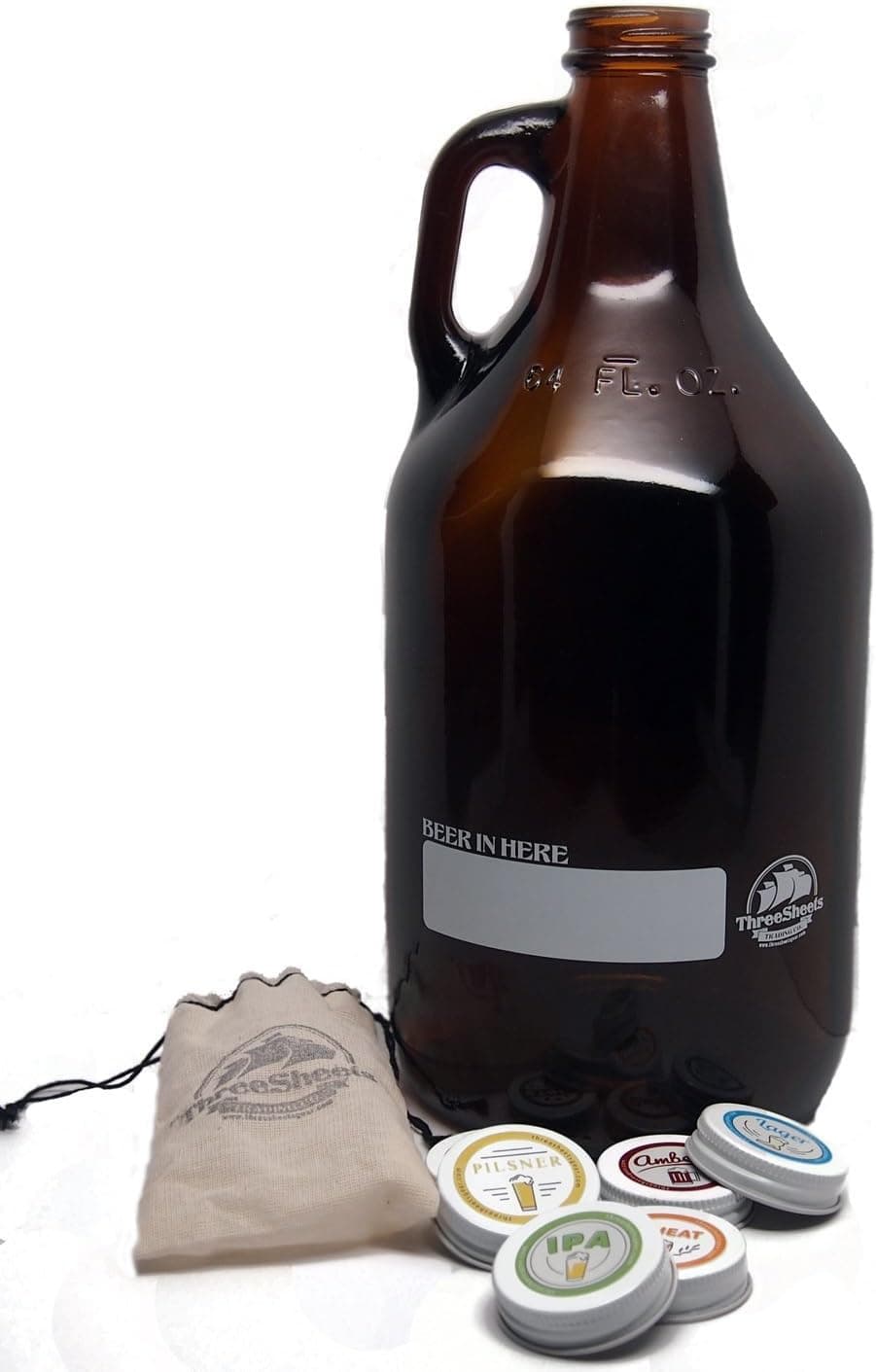 Growler and Beer Type Caps - 64oz Growler with IPA, Stout, Pilsner, Wheat, Lager, Amber Caps by Three Sheets Gear
