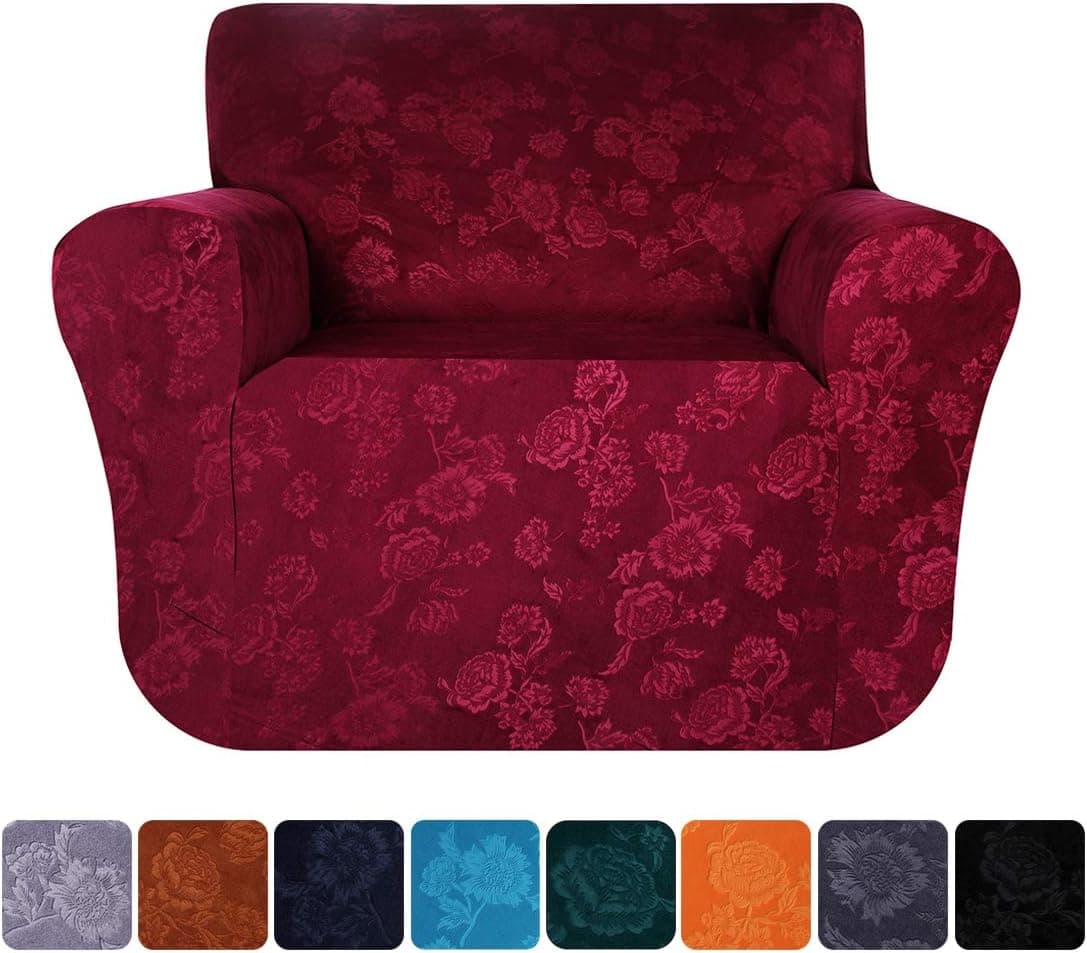 Smiry Velvet Stretch Sofa Cover Soft Non Slip Furniture Protector, 1 Piece Spandex Embossing Flower Couch Sofa Slipcover (Armchair, Wine Red)