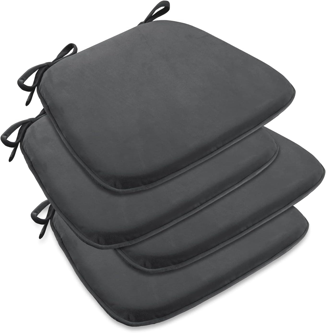 downluxe Indoor Chair Cushions for Dining Chairs, Dutch Velvet Fabric Memory Foam Chair Pads with Ties for Kitchen, Dining Room and Bedroom, 17" X 16" X 1.5", Dark Grey, 4 Pack