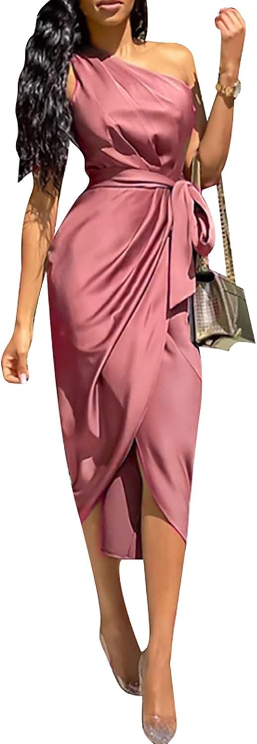 WOWDARK Women's Satin Midi Dress One Shoulder Ruched Bodycon Slit Belted Asymmetrical Cocktail Prom Wedding Guest Dress