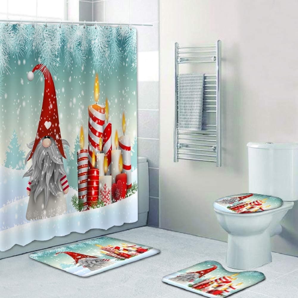 Peyan 4 Pcs Fall Gnomes Thanksgiving Day Gift Nisse Christmas Santa Shower Curtain Sets with Non-Slip Rugs, Toilet Lid Cover, Bath Mat and 12 Hooks for Christmas Decoration