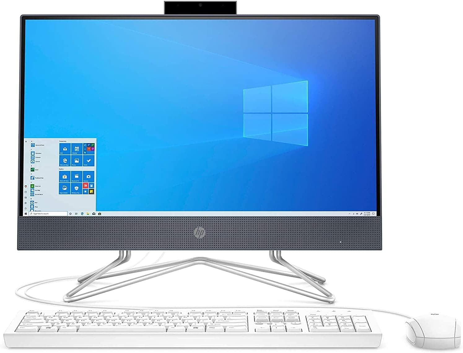 HP 22-Inch Full HD WLED All-in-One PC, Intel Celeron G5900T Dual-Core Processor, 8GB DDR4 RAM, 256GB PCIe NVMe M.2 SSD, Webcam, DVD-RW, Mouse & Keyboard Combo, Windows 10 Home, Blue