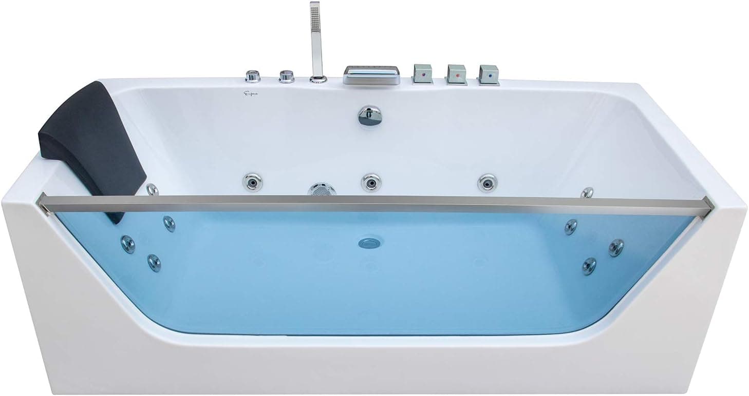 Empava 67 in. Acrylic Alcove Whirlpool Bathtub-Hydromassage Rectangular Jetted Soaking Tub with Center Drain-Waterfall Faucet, 67 Inch, White