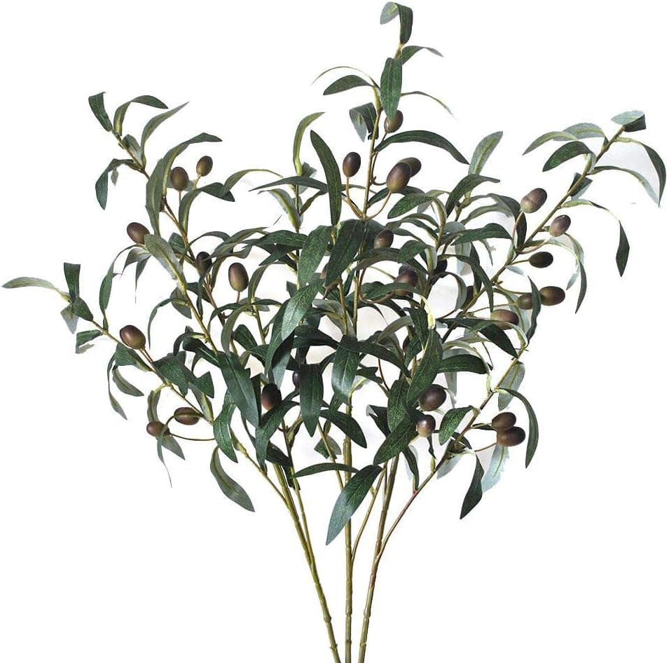 Lanldc 3 pcs 28'' Green Artificial Olive Stems Branches Fake Flowers Branch Leaves for Home Office Decor