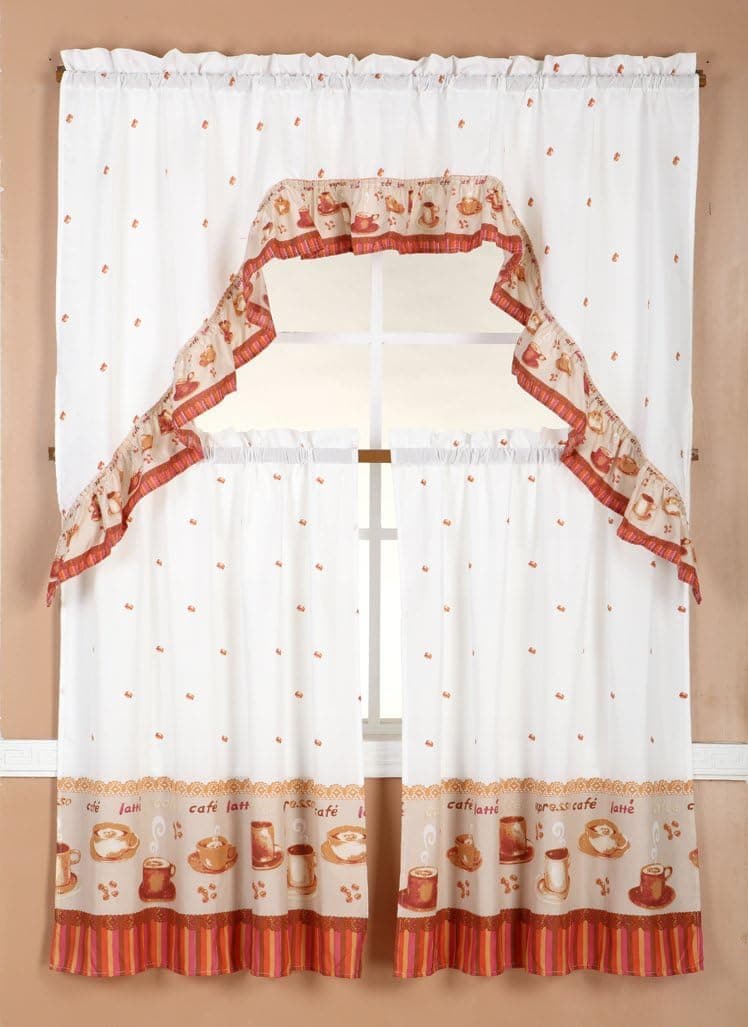 Diamond Home Linens 3PC Printed Kitchen Curtain Tiers and Swag Valance 36" Long Set (Brown/Coffee)