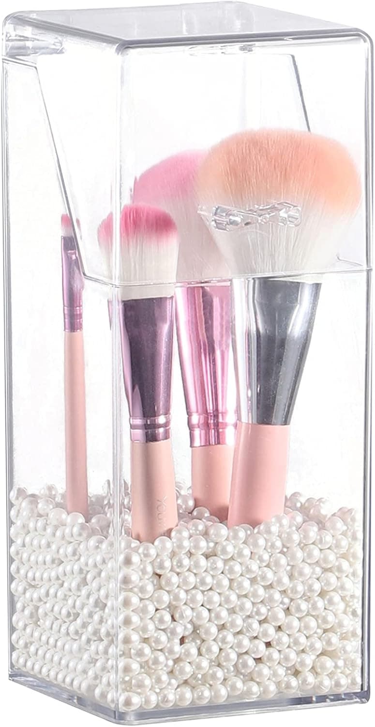 PENGKE Makeup Brush Holder Desk Organizer with Dustproof Lid,Clear Cosmetic Brush Storage for Vanity with Free White Pearls,Small