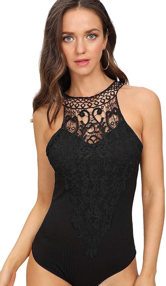 DIDK Women's Lace Panel Hollow Out Halter Bodysuit Black S