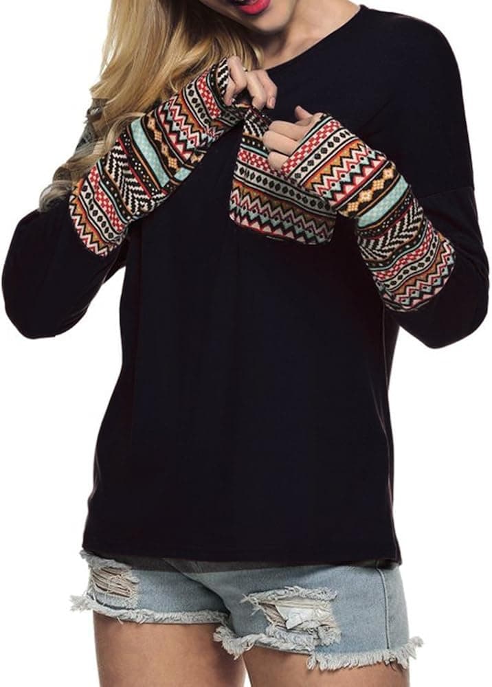 POGTMM Women's Fall Long Sleeve Tops O-Neck Patchwork Basic T-Shirts Blouse Tunic Tops with Thumb Holes