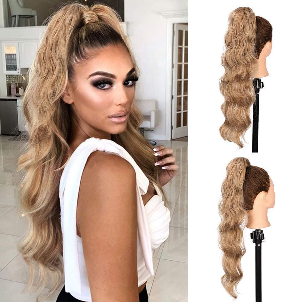 Isaic 24 Inch Wavy Wrap Around Ponytail Extension Clip in Ponytail for Women Synthetic Wrap Around Ponytail Curly Wavy Hair Pieces (Wrap Around-Brown)