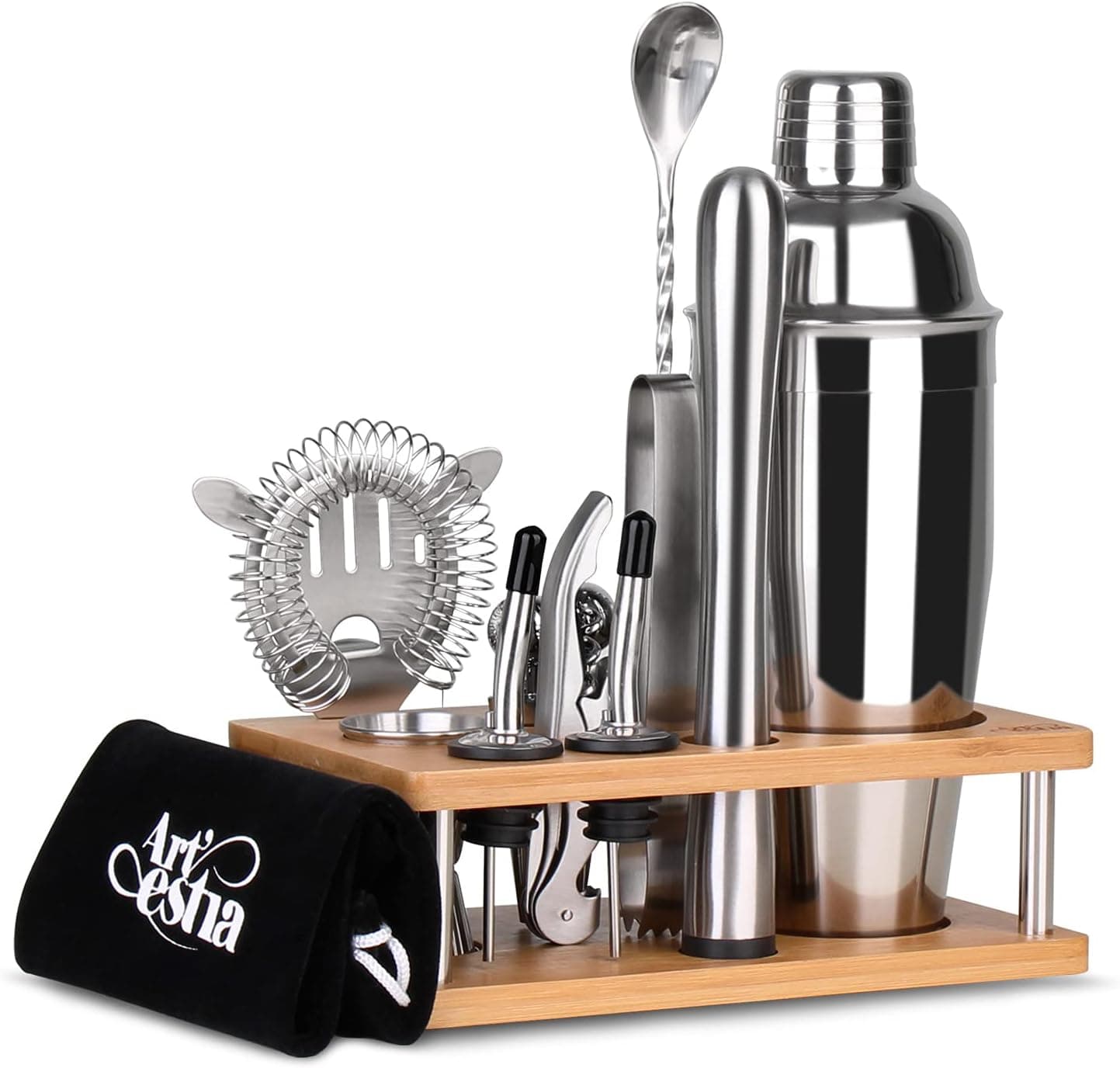 Artestia Cocktail Shaker Set, 13-Piece Mixology Bartender Tool Kit with Bamboo Stand Bar Set Cocktail Shaker Set for The Home Martini Cocktail Set for Amazing Drink Mixing, Silver
