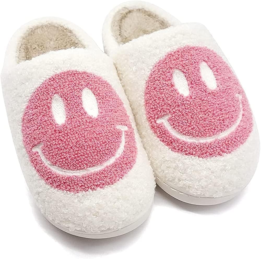 Smiley Face Cozy Plush Comfy Warm Slide on House Slipper with Memory Foam Home Slip-on Fur Slippers Cushioned Indoor Outdoor For Women Men