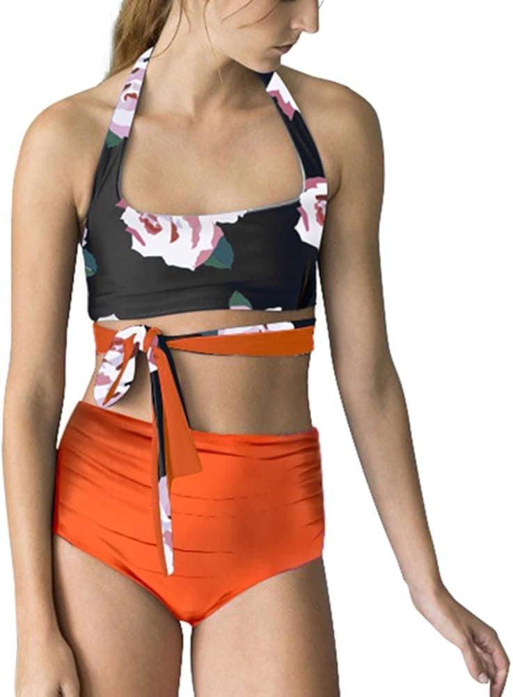 High Waisted Swimsuit Women, Two Piece Bathing Suit Reversible Bikini Set Ladies Swimwear Orange