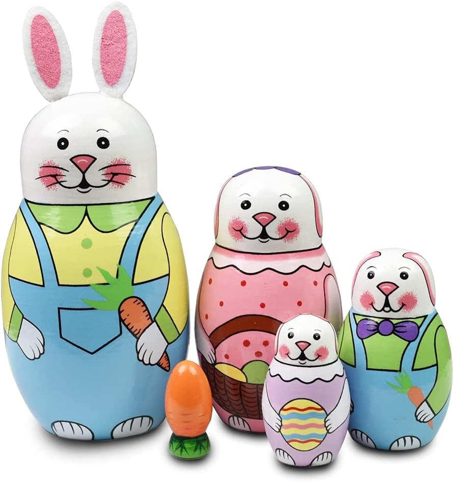 GRPSKCOS Easter Bunny Russian Nesting Dolls Toys for Kids, 5pcs Animal Rabbit Wooden Matryoshka Dolls, Handmade Easter Decoration Gifts