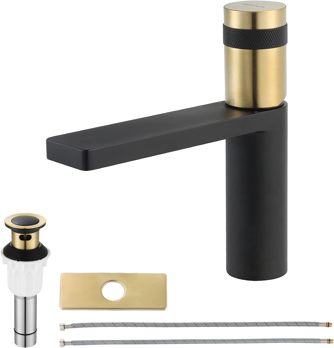 EZANDA Brass Single Handle Bathroom Faucet with Deck Plate, Pop-up Sink Drain Assembly & Faucet Supply Lines,Matte Black with Brushed Gold,1416410