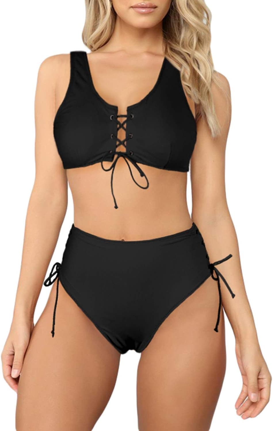 Sidefeel Women Lace Up High Waist Bikini Set Two Piece Swimsuit X-Large Black