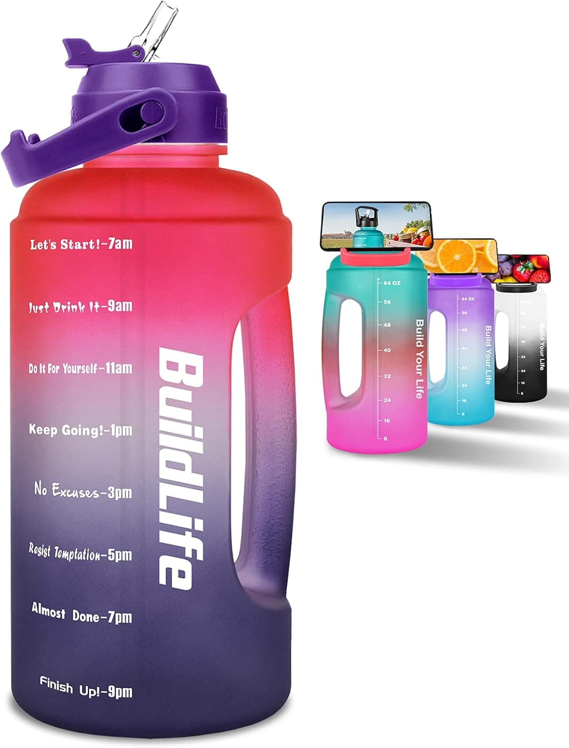 BuildLife Half Gallon Water Bottle - BPA Free Leakproof Water Jug Gradient Motivational Time Marker with Straw & Phone Holder Handle to Remind You Drink More Water