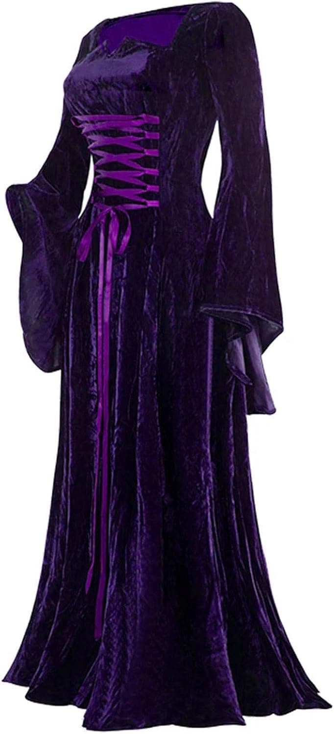 JEGULV Vintage Medieval Dress for Women,Women's Flare Long Sleeve Hooded Renaissance Dress Floor Length Cosplay Gown Dress