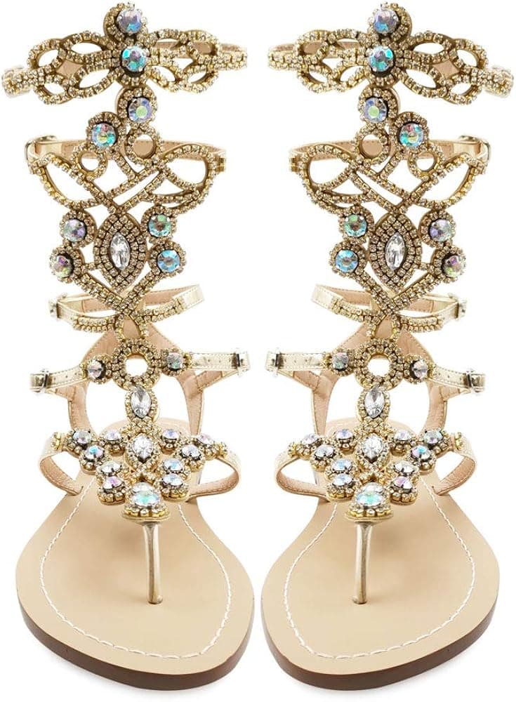 Hinyyrin Women's Rhinestone Sandals Gold Silver Gladiator Sandals Summer Flat Dress Sandals Beach Wedding Banquet