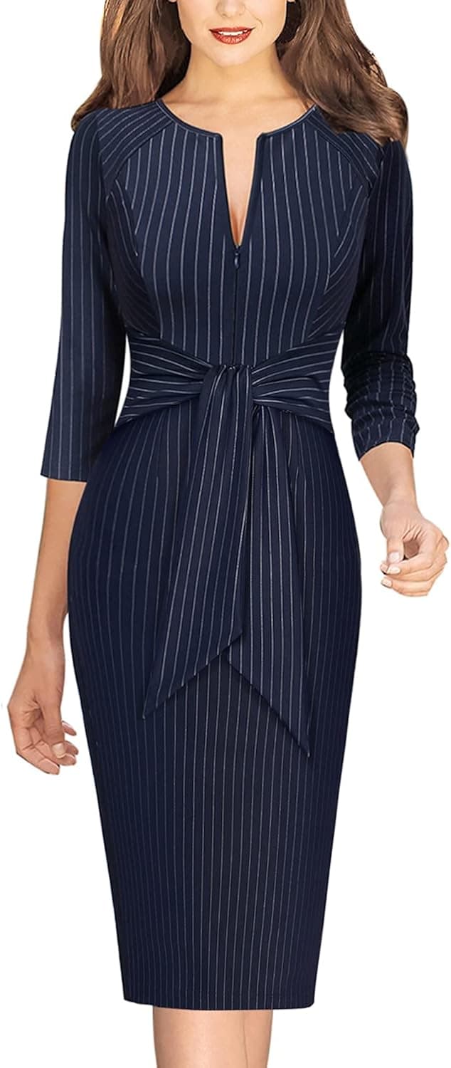 VFSHOW Womens Front Zipper Tie Waist Slim Work Business Office Bodycon Pencil Dress