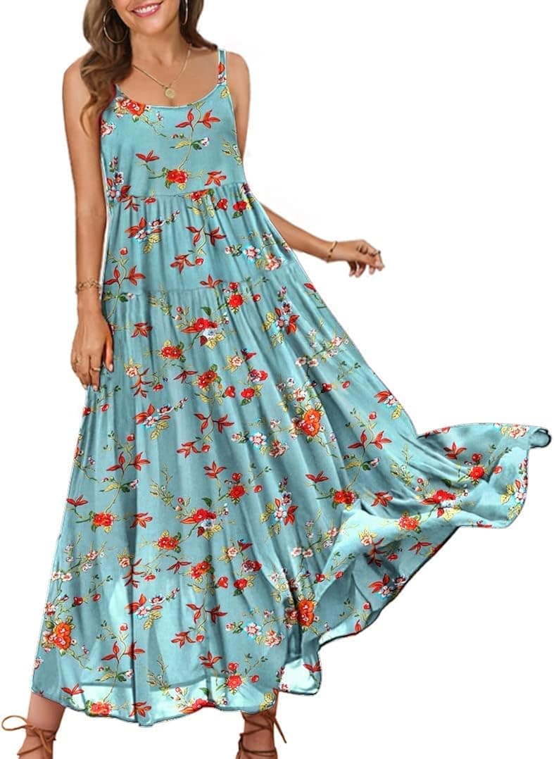YESNO Summer Dresses for Women Casual Loose Bohemian Floral Dress with Pockets Spaghetti Strap Maxi Dress E75