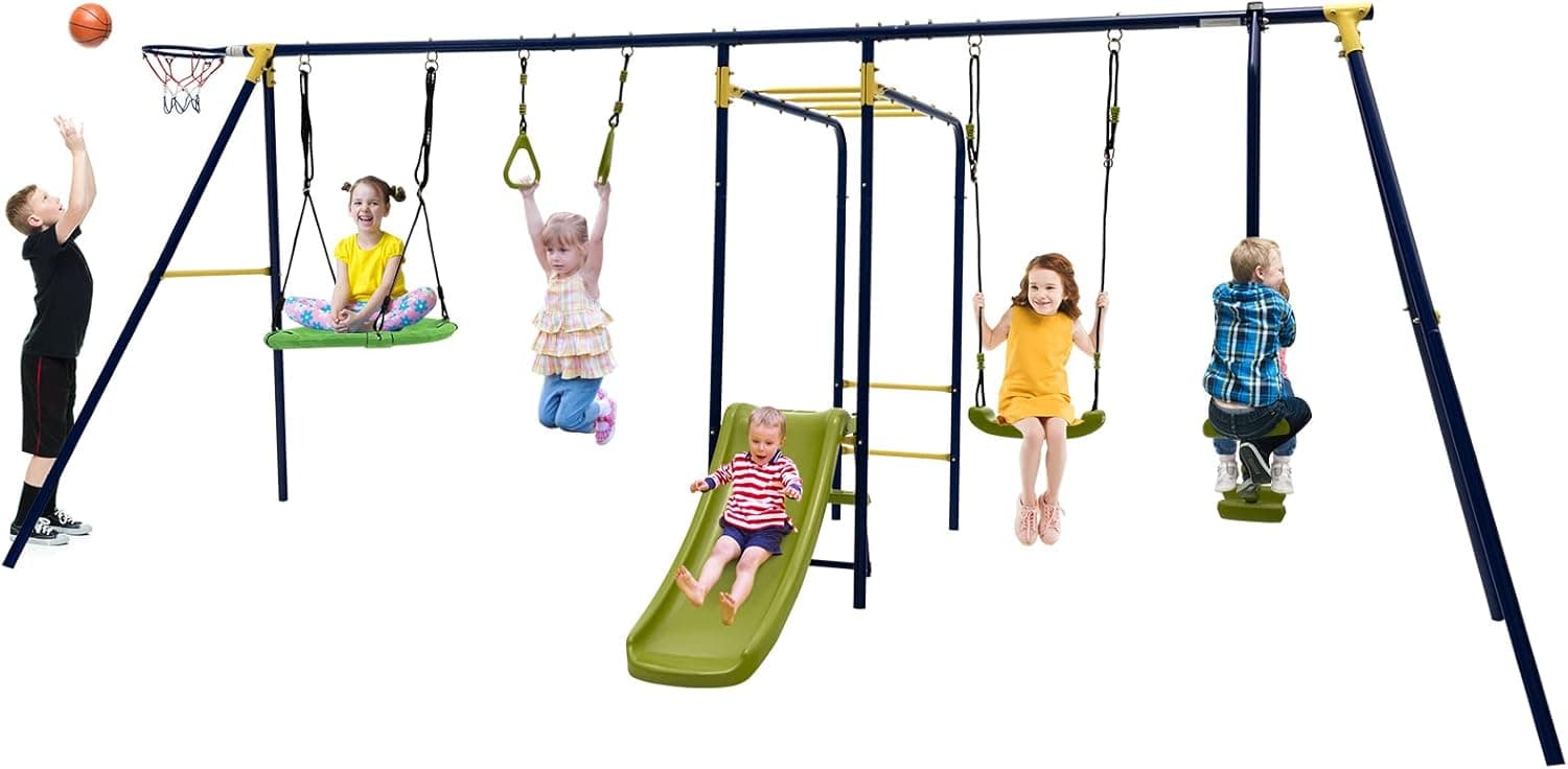 HONEY JOY 660 lbs Swing Sets for Backyard, 7-in-1 Heavy Duty Swing Set w/A-Frame Metal Swing Stand, 2 Swings, Glider, Gym Rings, Slide, Monkey Bar, Basketball Hoop, Outdoor Swing Sets for Backyard
