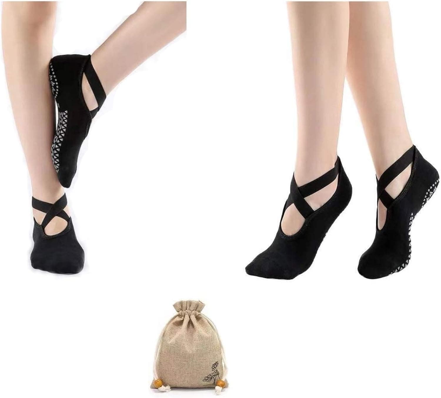 Yoga Socks for Women Non-Slip Pilates Socks Soft Barre Socks Gripper Socks with Grips & Straps, Ideal for Pilates, Pure Barre, Ballet, Dance, Barefoot Workout (2 Pairs-Black/Black)