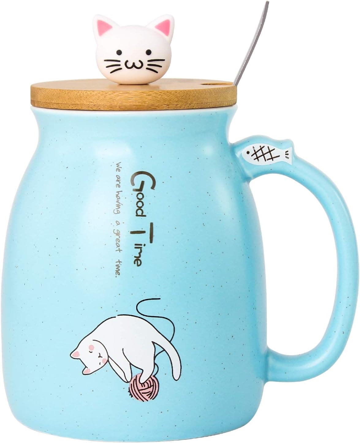 LPAIWXY 15oz Ceramic Coffee Mugs Cute Cat Tea Cups Milk Mug with Stainless Steel Spoon Kitty Bamboo Wooden lid 450 ML Cartoon Juice Mug For Home Office Children Mother Birthday Christmas Gifts(BLUE)