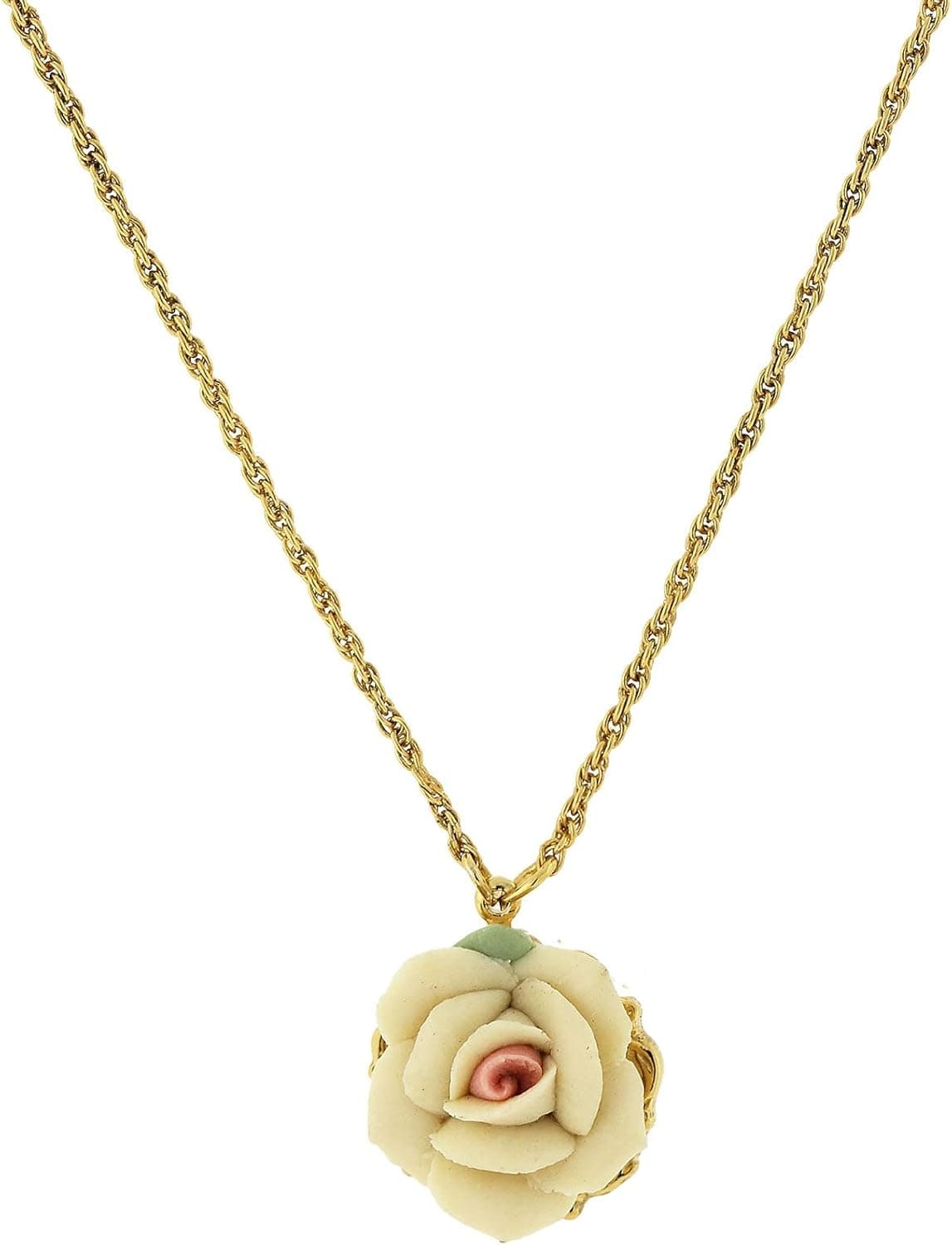 1928 Jewelry Gold-Tone Porcelain Rose Pendant Necklace, 16"