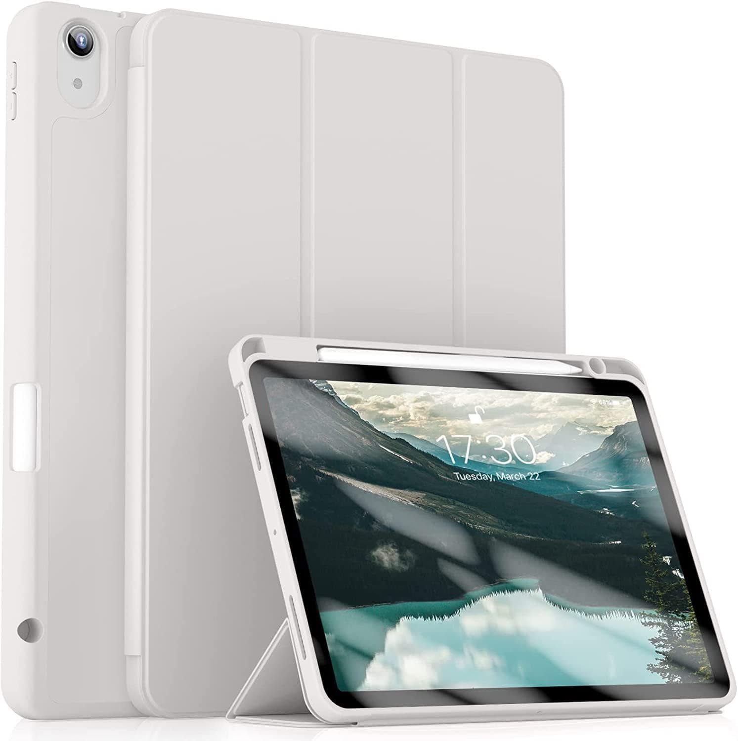 Kenke iPad Air 5th Generation Case (2022) / iPad Air 4th Generation Case (2020) 10.9 Inch Case with Pencil Holder Support Touch ID & 2nd Apple Pencil with Soft PU Back Shell (Gray)