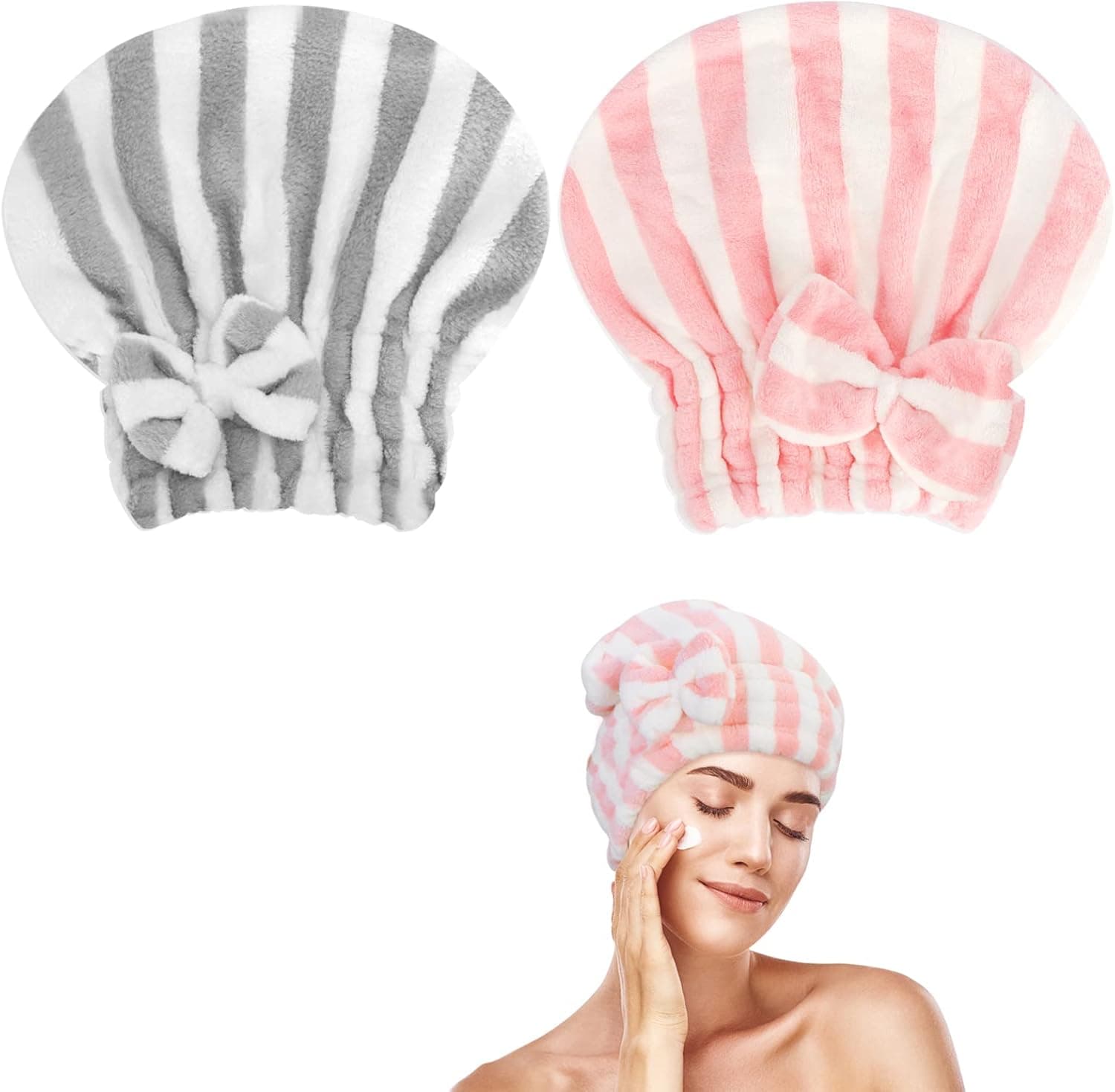 Unaone 2 Pack Microfiber Hair Drying Towels, Super Absorbent Turban Hair Towel Cap, Quick Dry Head wrap with Bow-Knot Shower Cap for for Curly, Long, Thick Hair & Wet Hair (Light Purple & Light Gray)