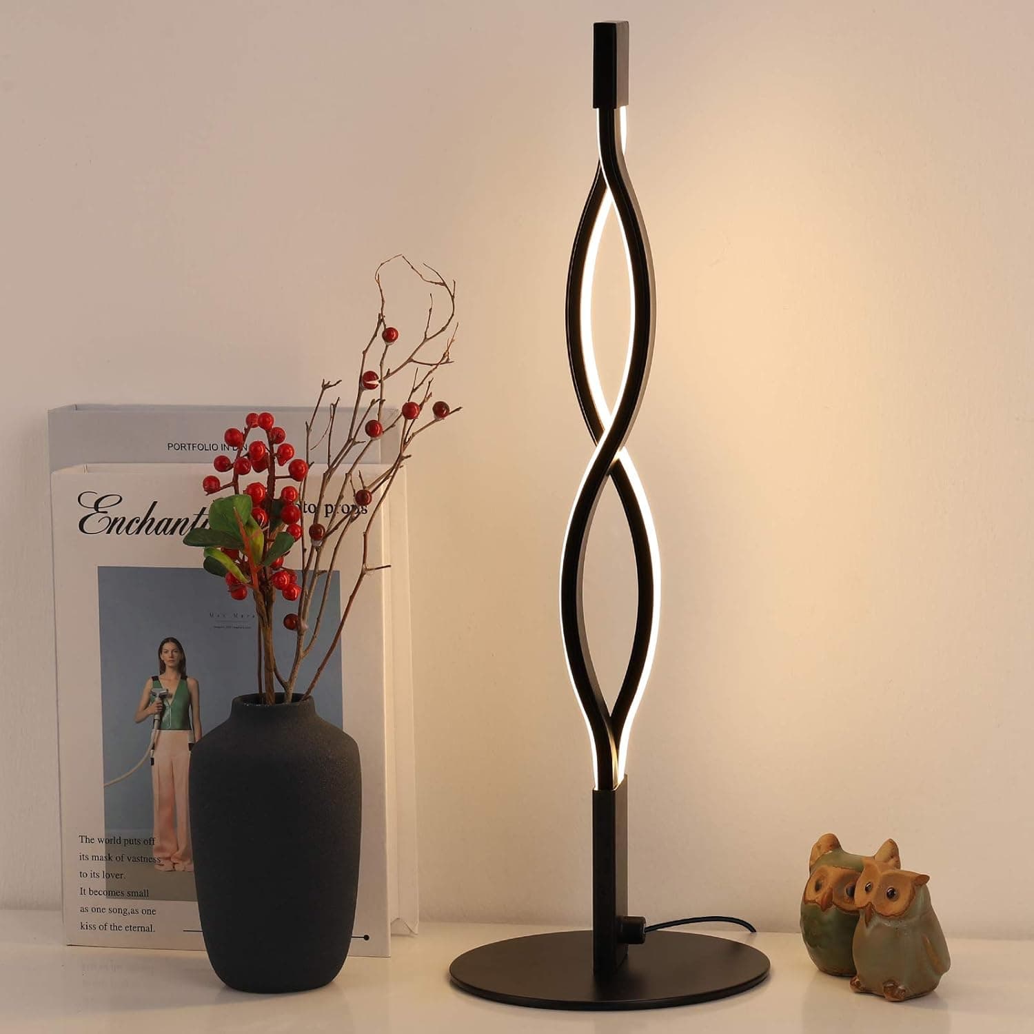 Dual Spiral LED Table Lamp, Modern Bedside Nightstand Lamp, Warm 3000K Desk Lamps, 6W 480LM Black Metal Lamp for Bedroom Study Living Room Office