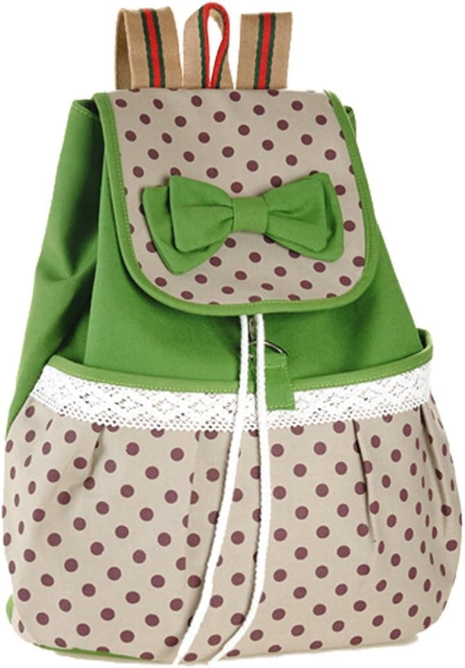 SUPON Girl's Lovely Sweet Lace Bowknot Leisure Canvas Spot Backpack Schoolbag for Student (Green)