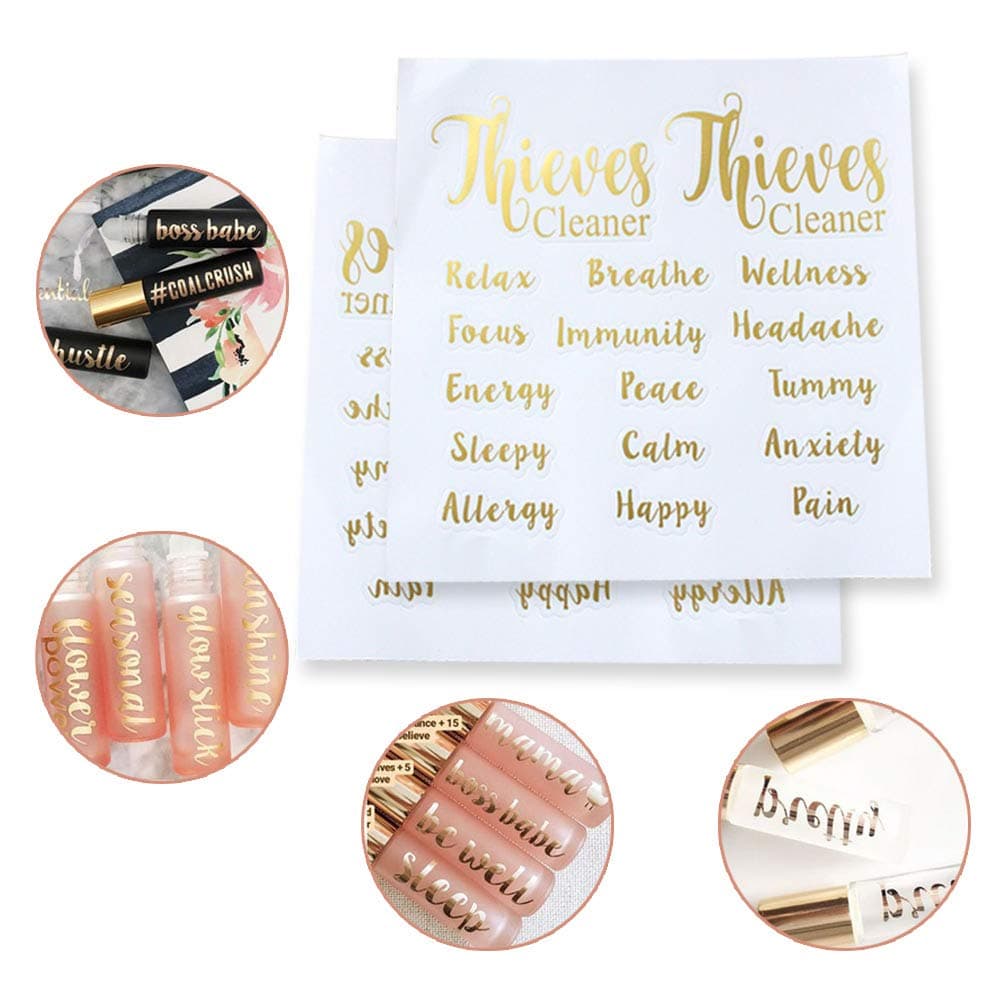 Golden Vinyl Essential Oil Labels,4 Sheets Letter Stickers for Roller Bottle Waterproof Self-Adhesive Label Perfume Jar Pot Bottle Sticker Cosmetics Container label Home Decorations