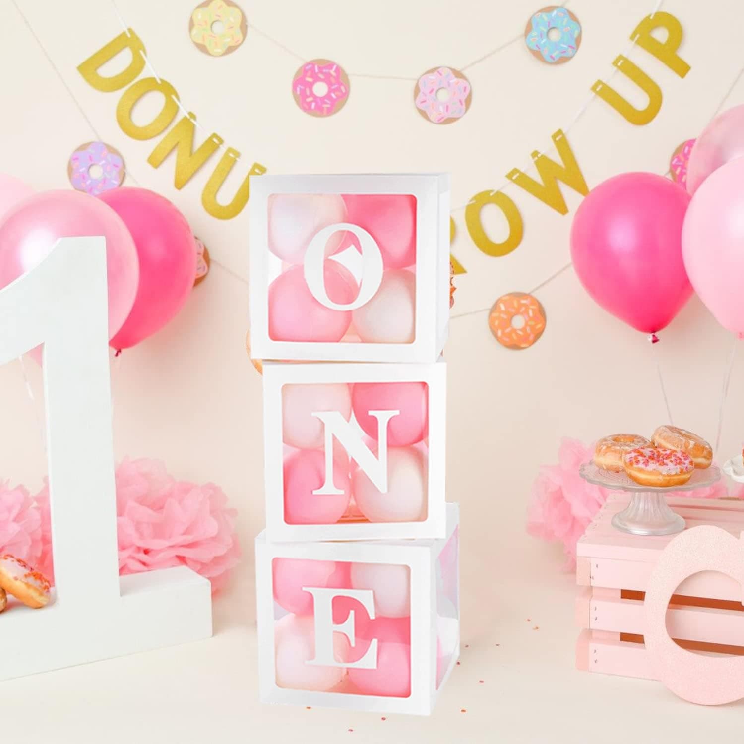 Baby 1st Birthday Decorations, First Birthday Balloon Boxes Decor with Letter, ONE Blocks Design for Boy Girl 1 Year Old Birthday Decorations, First Birthday Cake Smash Photo Props