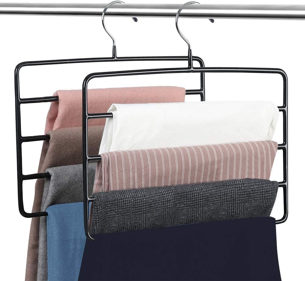 FEASTEERY Pants Hangers Space Saving,4 Layered Pants Rack,Set of 2 Chrome Metal Hangers,Non Slip Rubber Coating,Organizer for Pants,Jeans,Trousers,Scarf,Ties,Towels