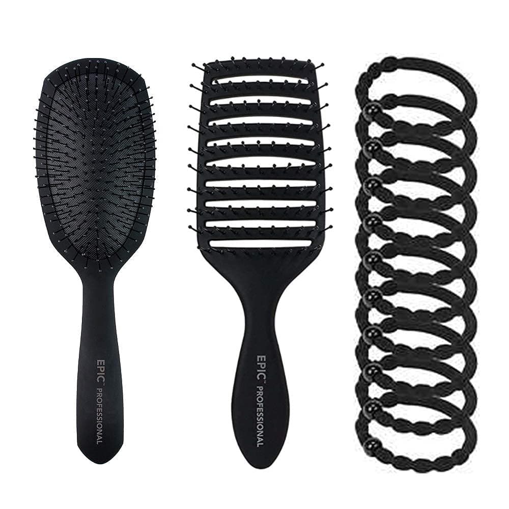 EPIC Professional Detangle & Dry Brush Kit I Deluxe Detangler I Quick Dry I Ouchless Forever Bands (Black)