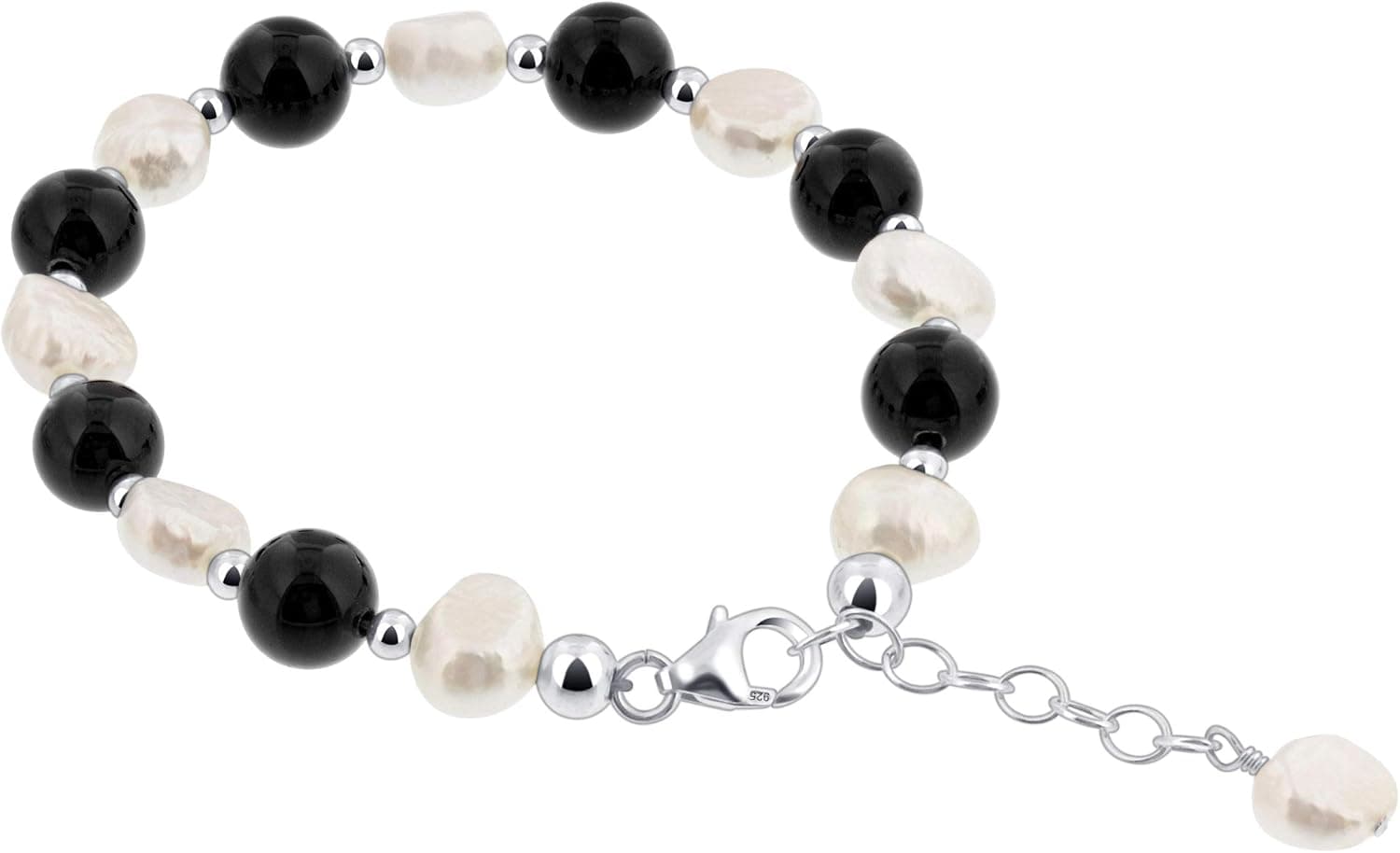 Gem Avenue 8mm Austrian White Imitation Nugget Pearl & Black Onyx 925 Sterling Silver Bracelet 7 to 8 inch