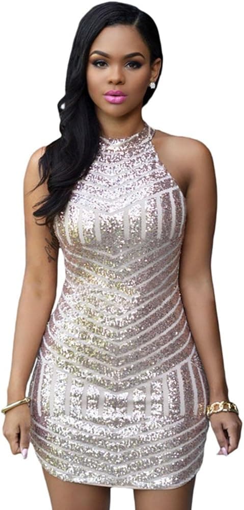 RedLife Women’s Sexy Sparkling Sequin Sleeveless Bodycon Stretchy Mini Party Dress (Large, Rose Gold)