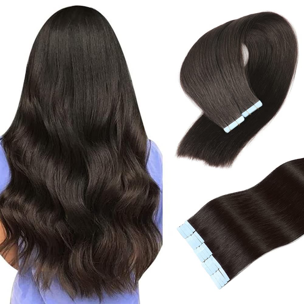 Tape in Hair Extensions Human Hair 100% Real Remy Human Hair Extensions Seamless Straight Hair extensions Real Human Hair Tape in Extensions 20 Inch 20Pieces 50g/Set #1B Natural Black