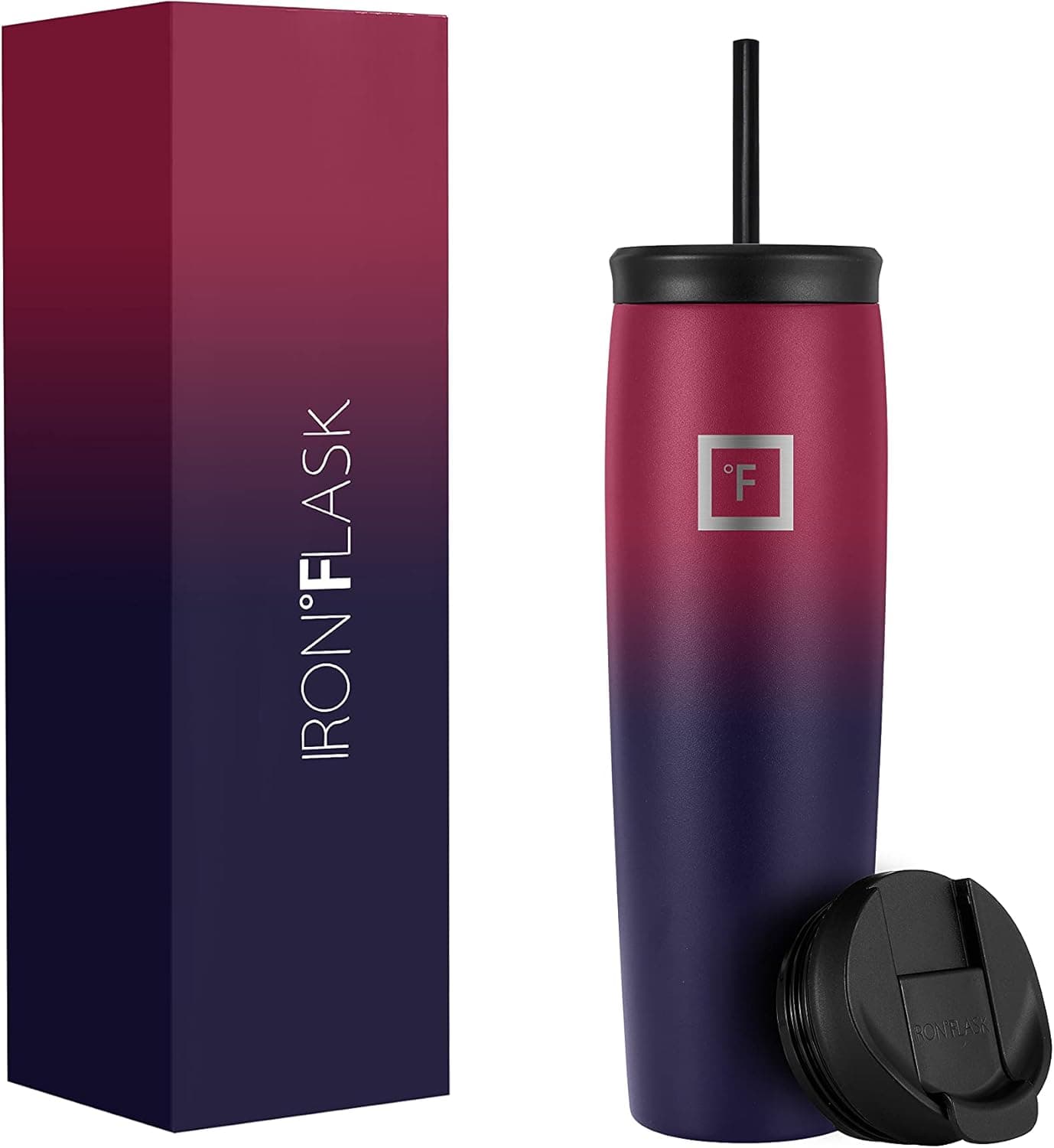 IRON °FLASK Nomad Tumbler - 28 Oz, 2 Lids (Straw/Flip), Vacuum Insulated Stainless Steel Bottle, Double Walled, Thermo Coffee Travel Mug, Water Metal Canteen (Dark Rainbow)