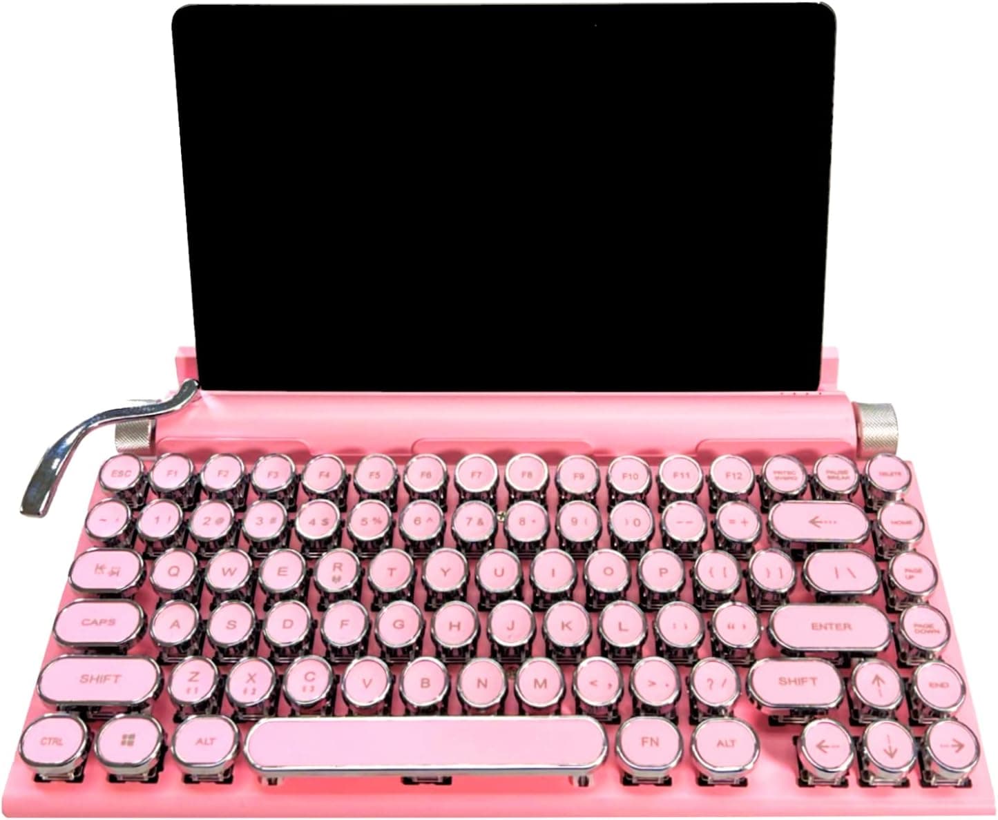PUFFOLOGY Retro Pink Typewriter Style Mechanical Keyboard Wireless, Kawaii Gaming & Vintage Classic Steampunk, Cute Round Punk keycaps with Bluetooth USB, Desktop PC/iPad/iPhone- Easter Gift