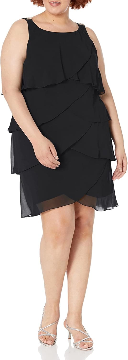 S.L. Fashions Women's Plus-Size Solid Multi-Tier Embellished Shoulder Dress