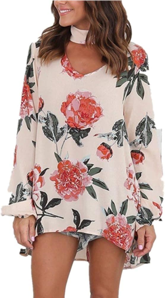 Xuan2Xuan3 Women Flower Print Long Sleeve Boho Casual Loose Tunic Cotton Pattern Blouses Tops Shirts(S-3XL)
